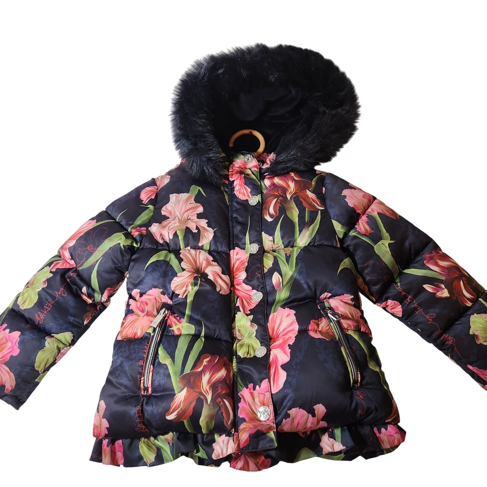 Baker by Ted Baker Girls Floral Puffer Jacket Faux Fur Hood Navy Pink Iris Coat